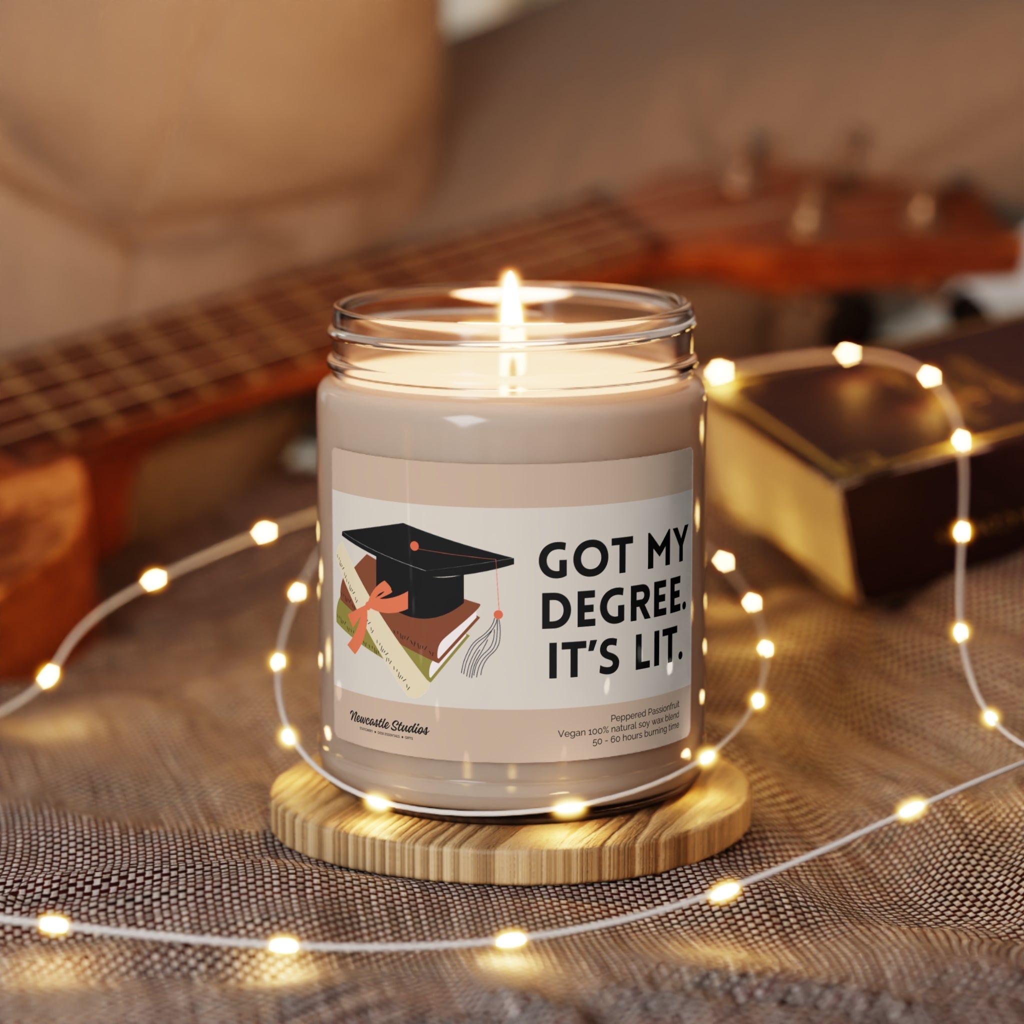 "Got my Degree. It's lit." Glass Candle