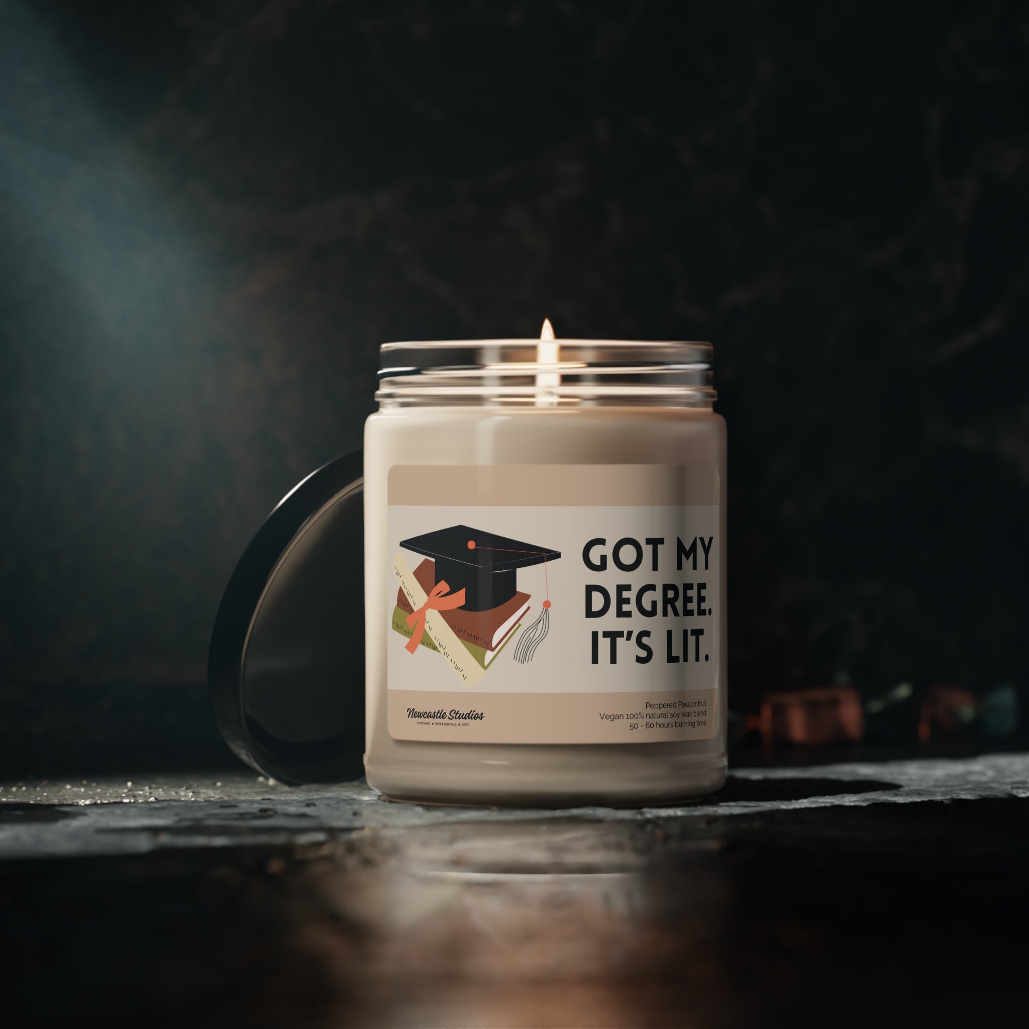 "Got my Degree. It's lit." Glass Candle